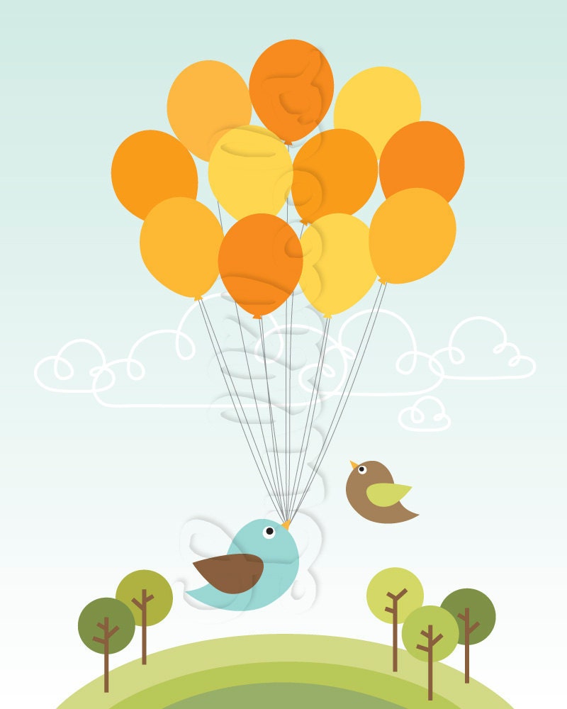 Balloons and Birds . Baby Nursery Wall Art . Children Wall Art
