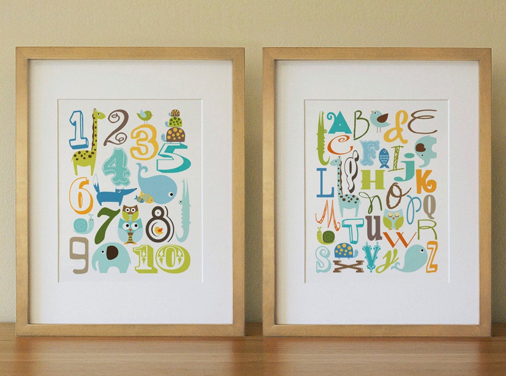 Alphabet Number Animals Nursery Wall Art Print, Baby Boy, Kids Room Decor Poster, Set of two