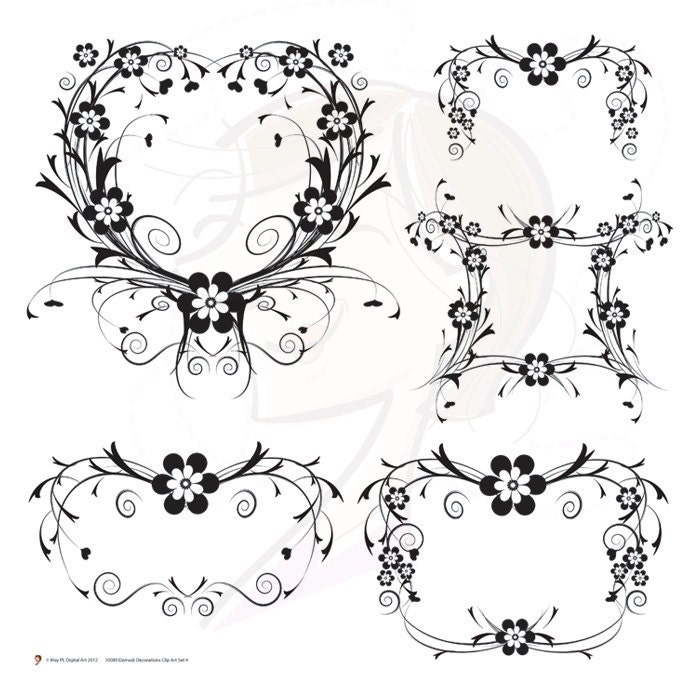 Flourish Vintage Digital Clip Art Flower Clipart Heart Black Damask Decorations Wedding Vintage Flourish Scrapbooking Embellishments 10089