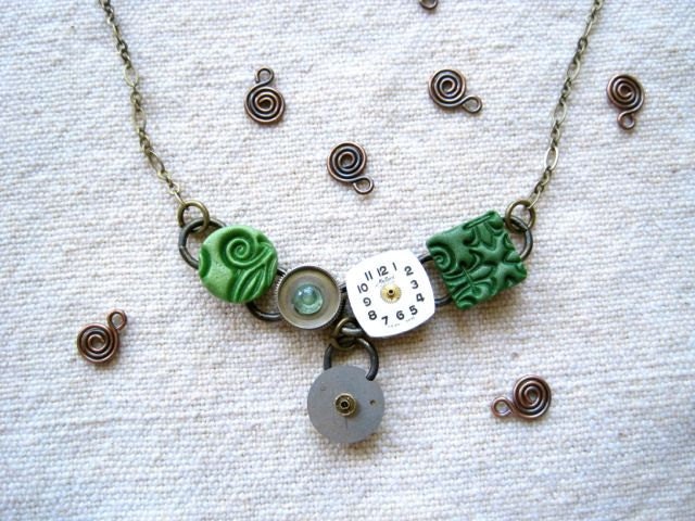 Stamped polymer clay mixed media upcycled CVB necklace - green - Fresh Cut Grass