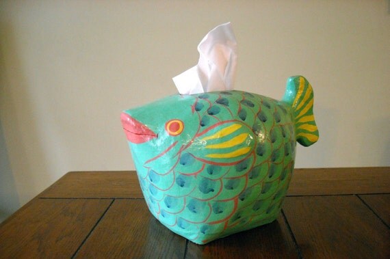 Paper mache fish tissue box holder by EMWvintage on Etsy