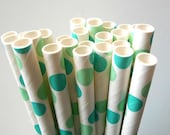 25 Teal and green dot paper drinking straws with printable tags