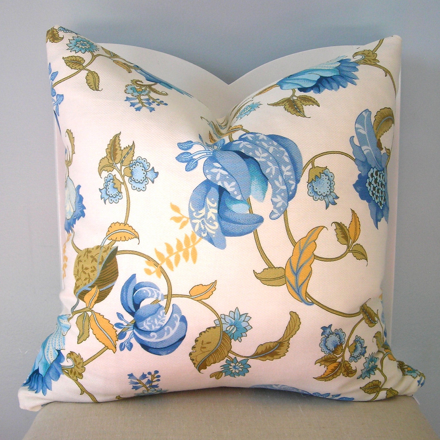 Blue and Yellow on White Floral Decorative Pillow Cover 20x20