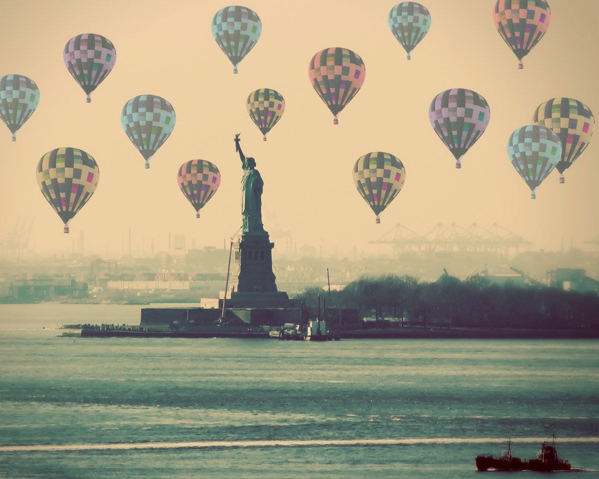Statue of Liberty - 8x10 photograph - "Balloons over Lady Liberty" - fine art print - vintage photography - Hot Air Balloons - whimsical