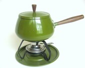 Mid-Century Green Fondue Set with Oster Forks, Avocado Enamel Pot with Stainless Steel Forks