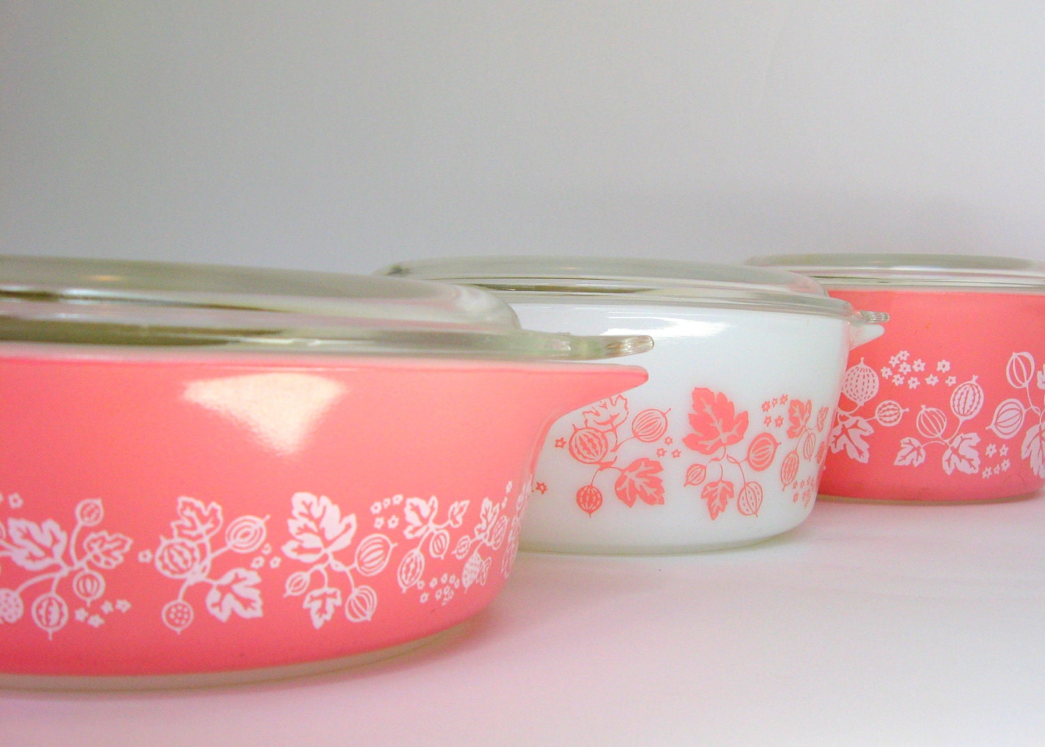 Vintage Pink "Gooseberry" Pyrex 6-Pc Casserole Set and Lids, Nesting Bowls Wedding Bridal Shower Gift