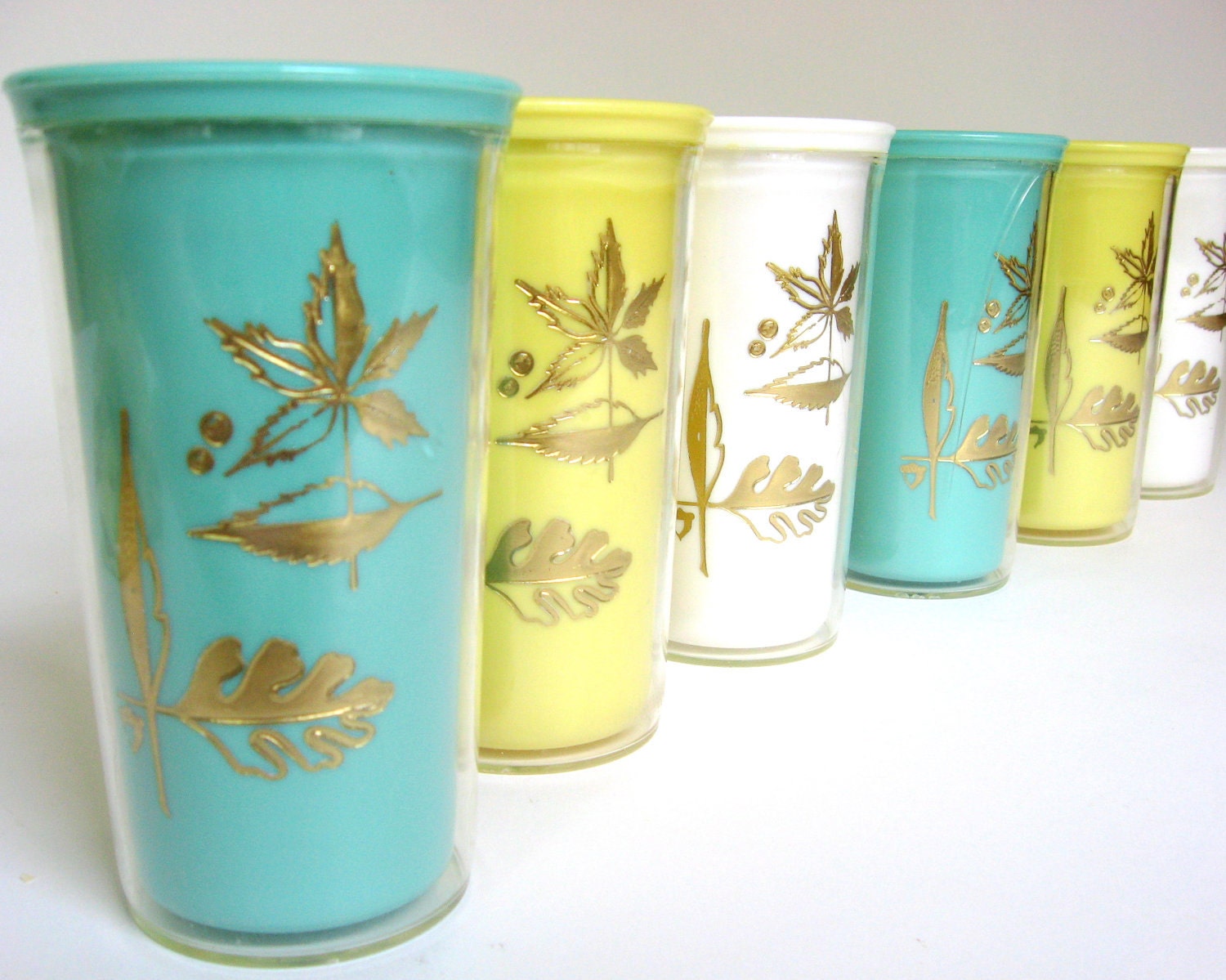 Vintage Burrite Plastic Tumblers 1950's Set of 6 Aqua, Yellow & White Cups with Retro Gold Leaf Design