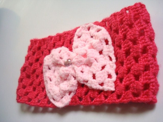 Headband, Pink Hand Crocheted Headband Earwarmer with bow Valentines, holiday gift.