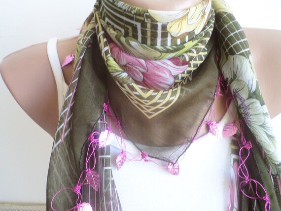 Women scarf, scarves, Scarf, beaded lace, brown, green triangle scarf,stylish accessory ,thin scarf, women fashion