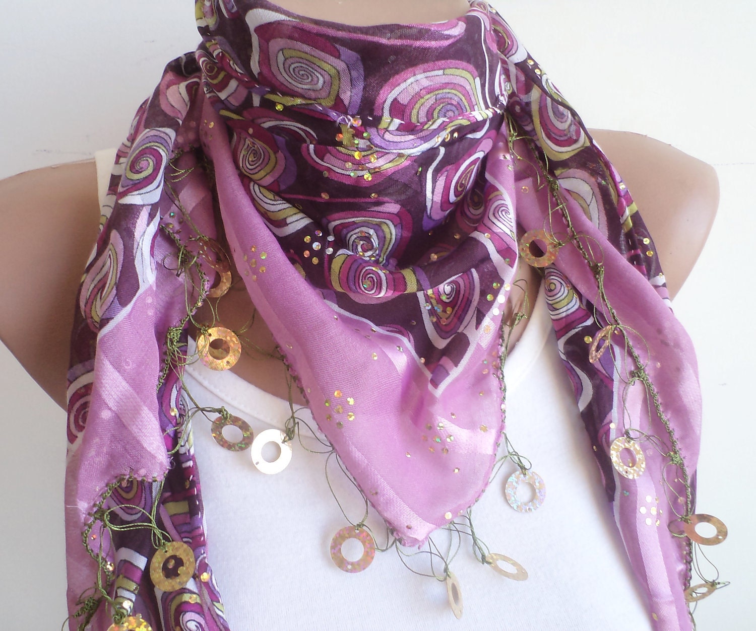 Scarf,  for women accessories, beaded lace, purple triangle scarf,stylish accessory,thin scarf, women fashion
