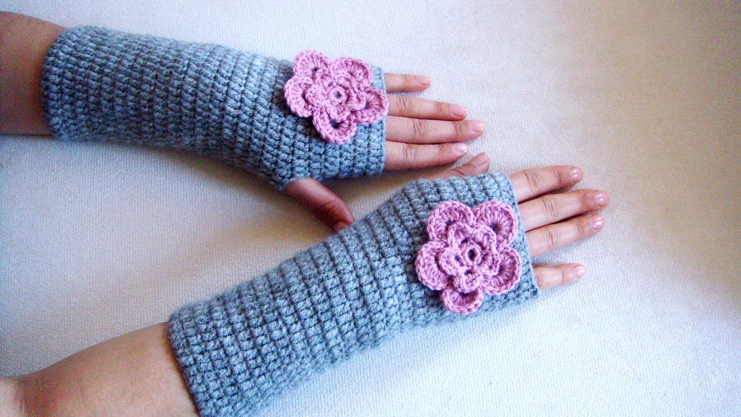 Gloves, Fingerless, Handmade Crochet Fingerless gloves, with pink flower, Women accessories. Grey Gloves, Women accessories