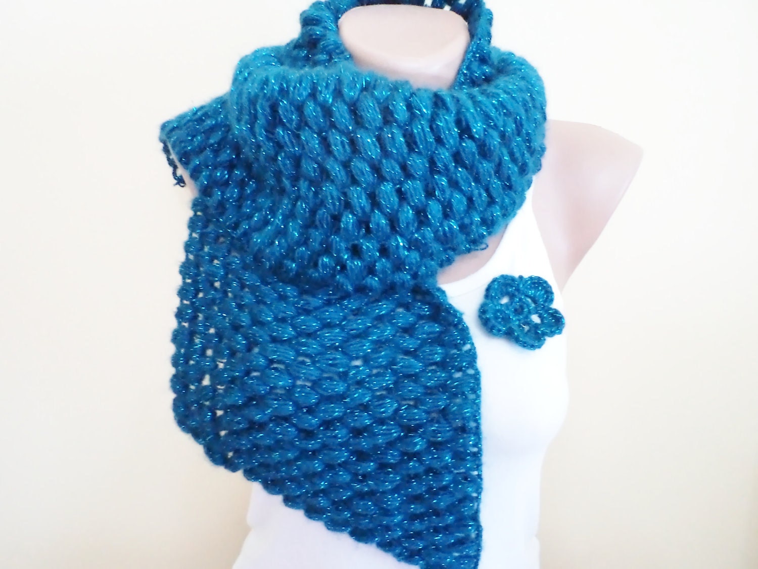 Valentines day gift, Women scarf, Cowl, soft oil blue chic crochet scarf, pin-up with flower brooch, valentines gift, winter fashion.