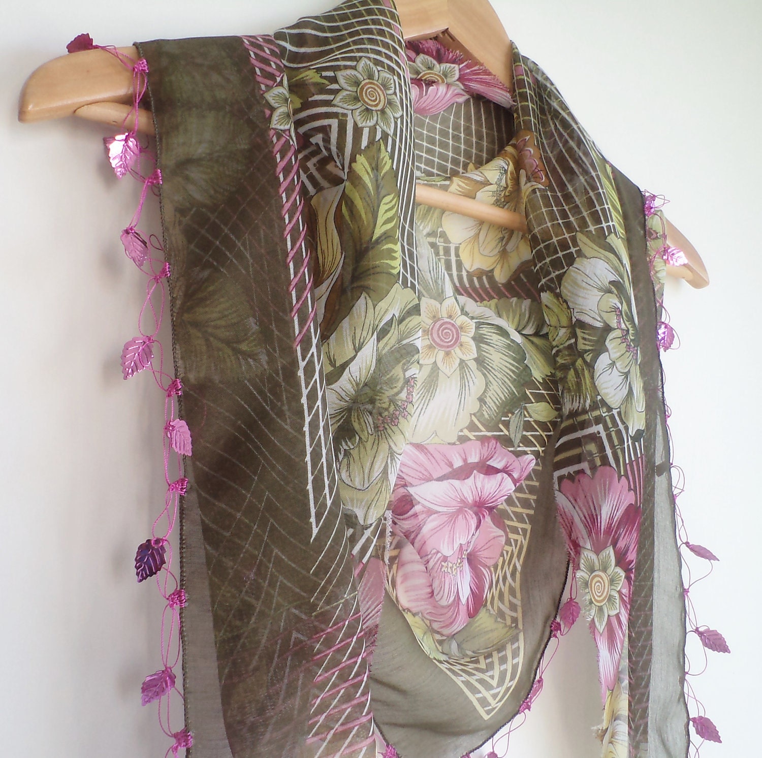 Women scarf, scarves, Scarf, beaded lace, brown, green triangle scarf,stylish accessory ,thin scarf, women fashion