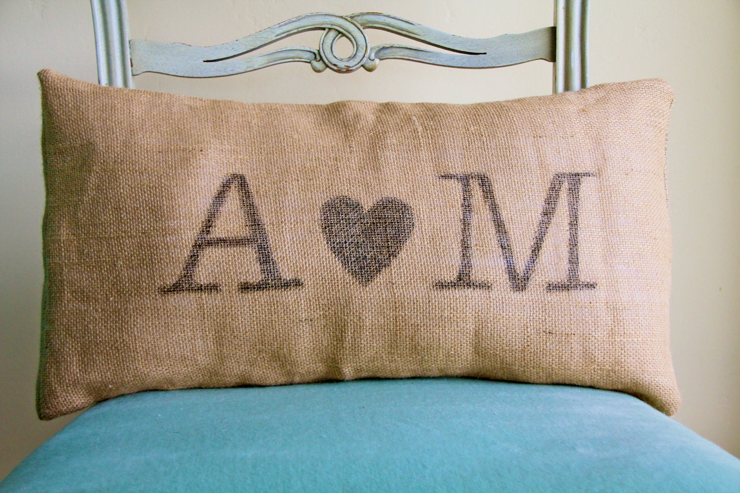Custom Wedding or Anniversary Burlap Monogram Pillow with your Love Initials and a heart.