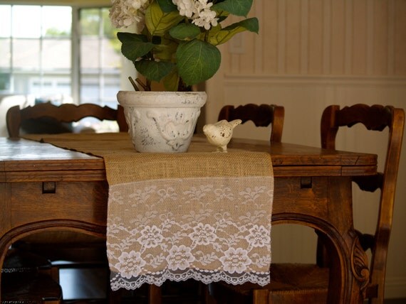 Burlap and Lace Table Runner (14' x 72"). Wedding Decor, shabby chic, cottage, country chic