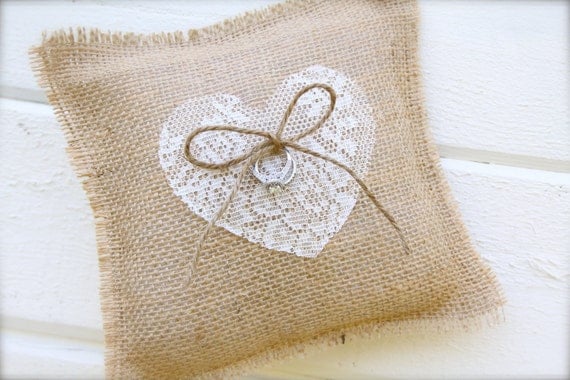 Burlap lace ring bearer pillow - burlap and heart pillow - custom heart