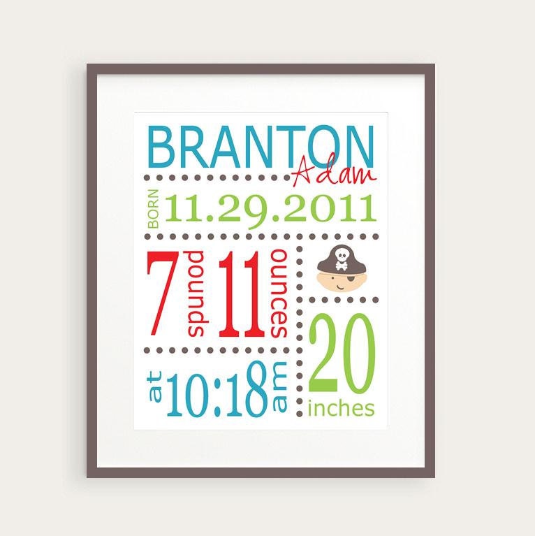 Pirate Nursery Decor, Personalized Birth Announcement or Baby Gift by happyprintsshop
