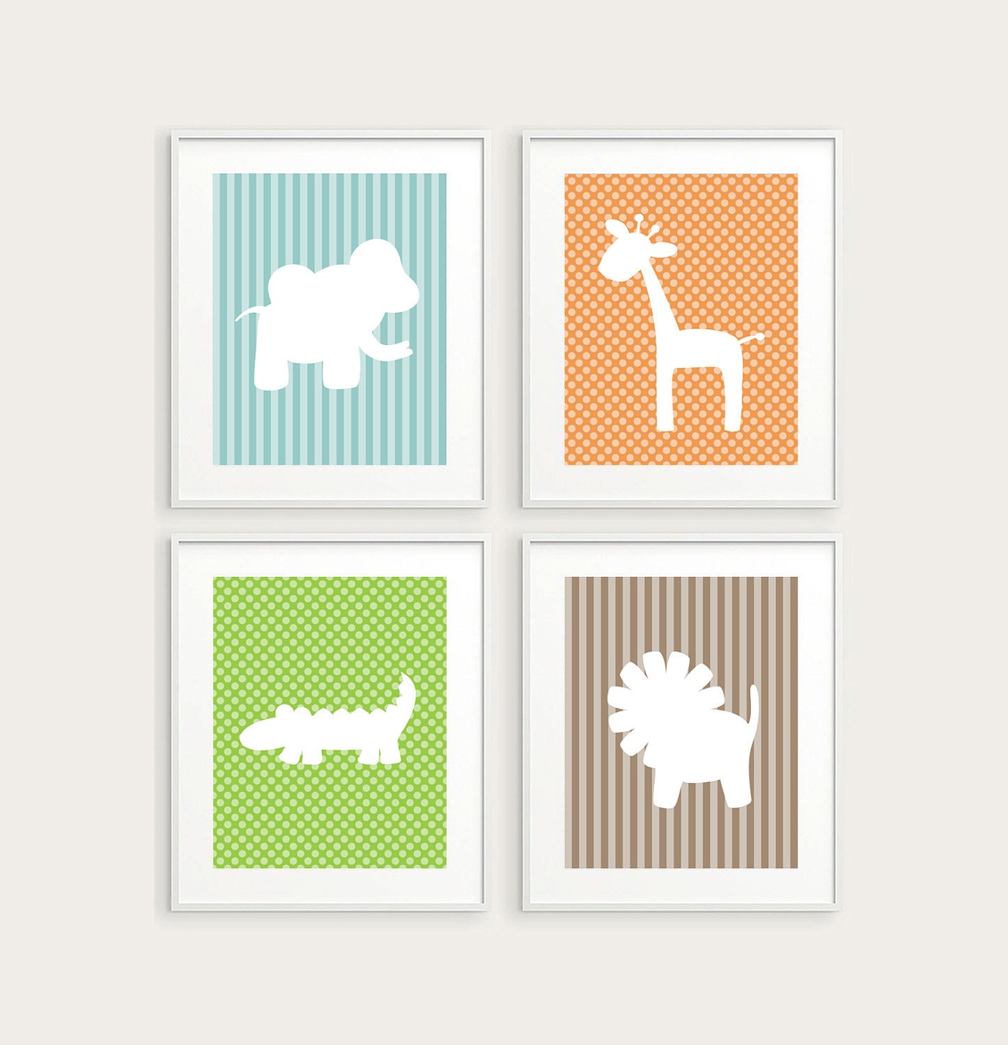 Modern Nursery Art, Jungle Safari With Polka Dots & Stripes - Four 8x10 Kid's Room Decor, Elephant, Giraffe and More - You Pick Colors