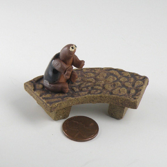 Turtle - Bench - That Turtle is Sitting on my Bench - Miniature Stoneware Sculptures for Fairy Garden, Dollhouse Garden or Terrarium