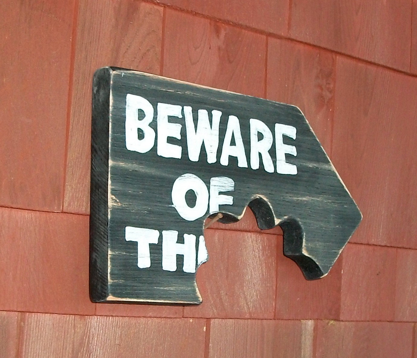 Distressed Wood Primitive Beware of the Dog Sign Plaque Black White Chomp Teeth Bitemark Hand lettered