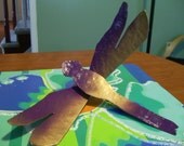 Metal Garden Art, HandMade 3D, Dragonfly Purple Gold