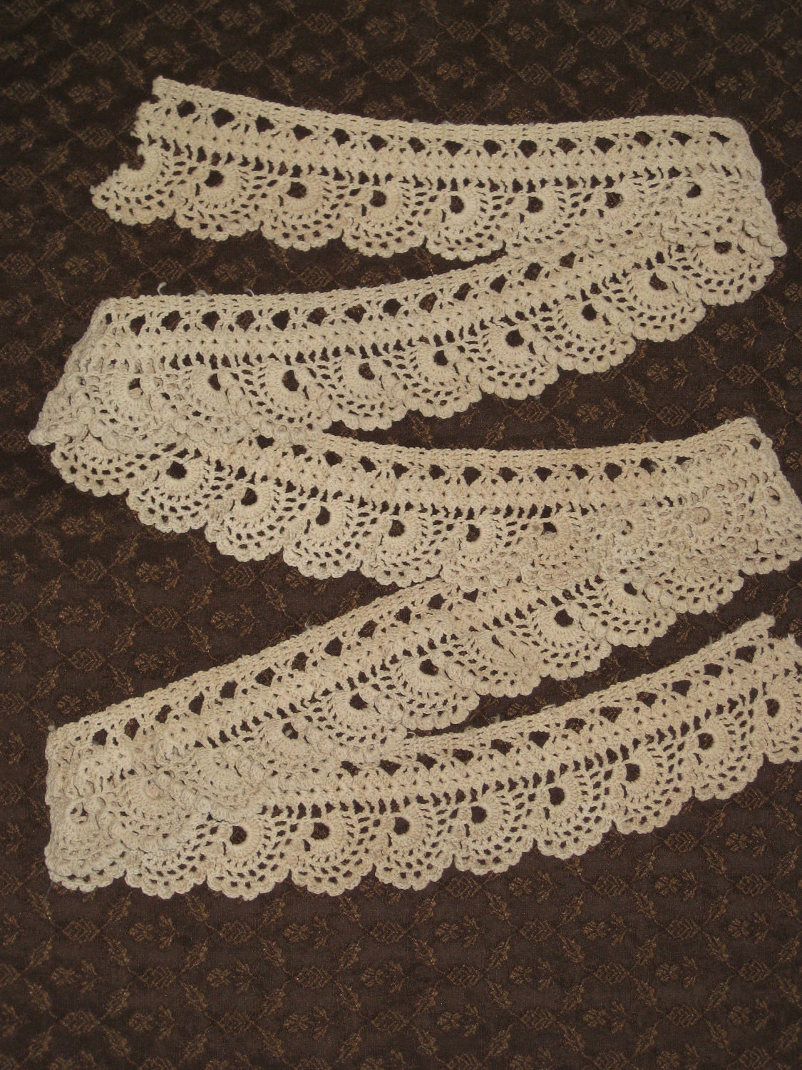 Handmade Dark Ecru Crocheted Lace Trim - Antique Vintage - Coffee With Cream Color