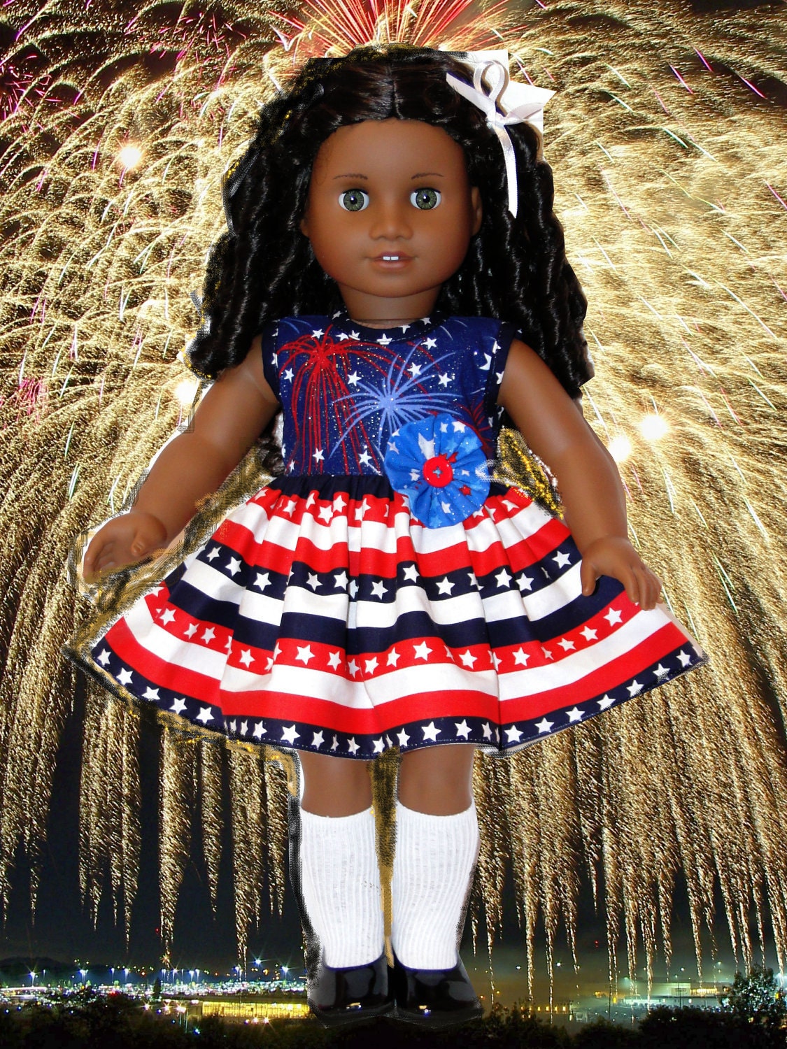 Fireworks 4th of July Patriotic Dress - fits American Girl Doll or other 18 inch doll