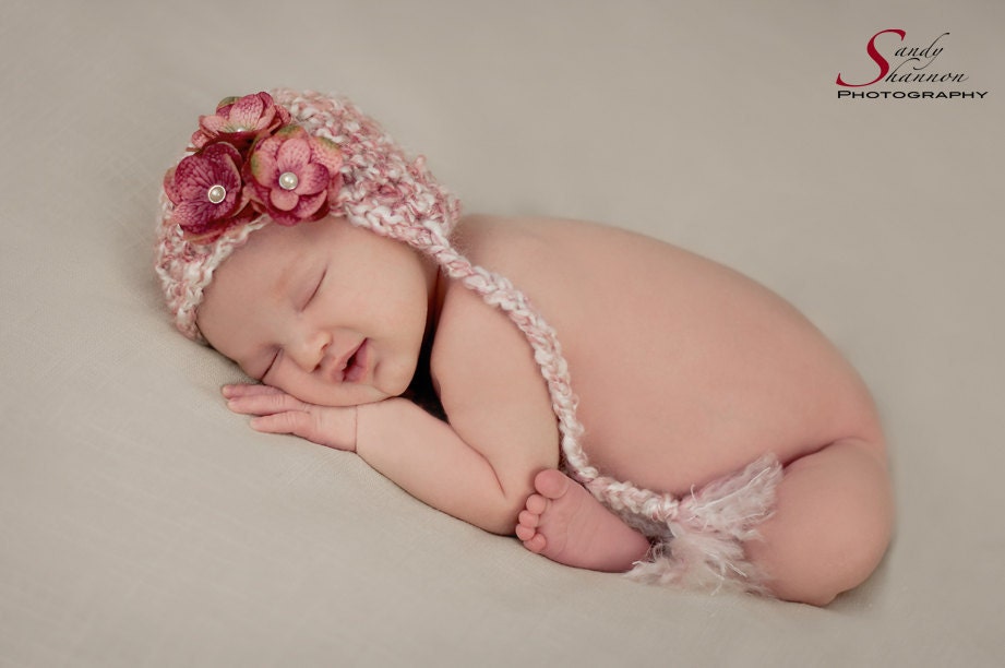 Crochet Hat with Earflaps and Tassles for Baby Girl - Pink and White with Removable Flower Clip - Newborn Size - Made to Order