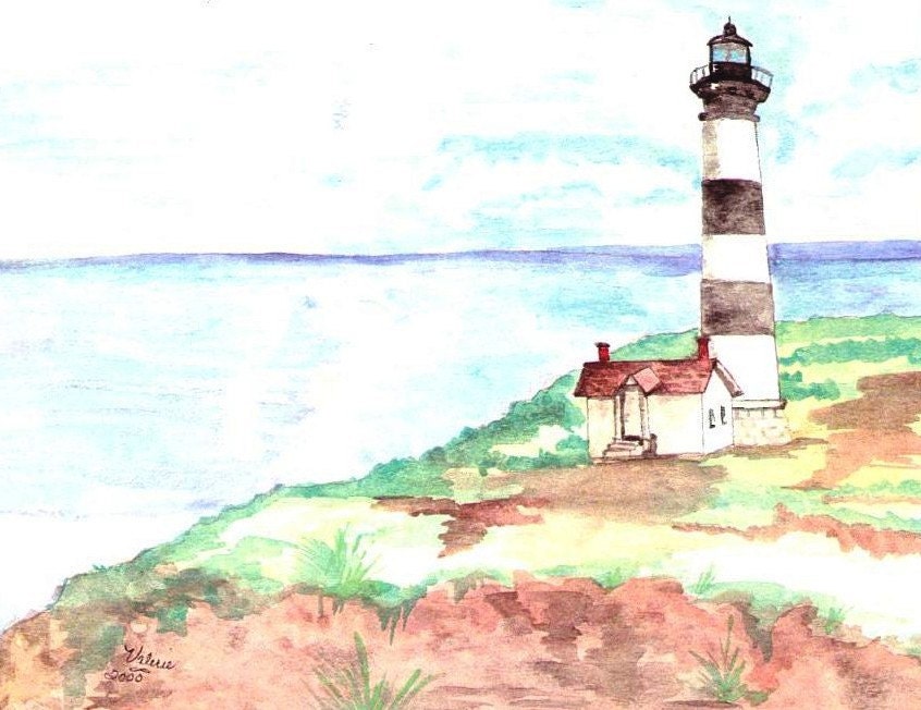 Watercolor Print of Bodie Island Lighthouse - ValerieNusbaumAandD