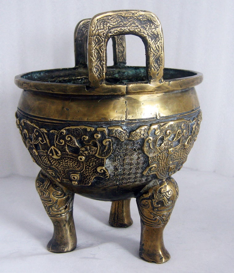 Chinese Bronze Three Legged Large Round Urn, Pot Holder, Censor w/ Handles