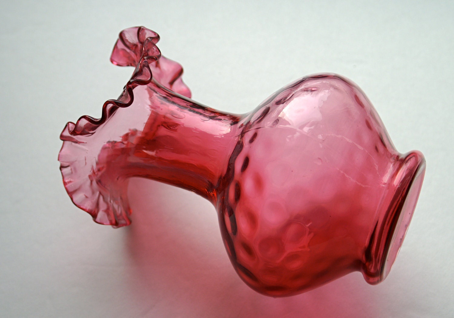 Cranberry Glass Vase with Ruffled Edge and Dot Pattern, Beautiful Fenton Look Alike