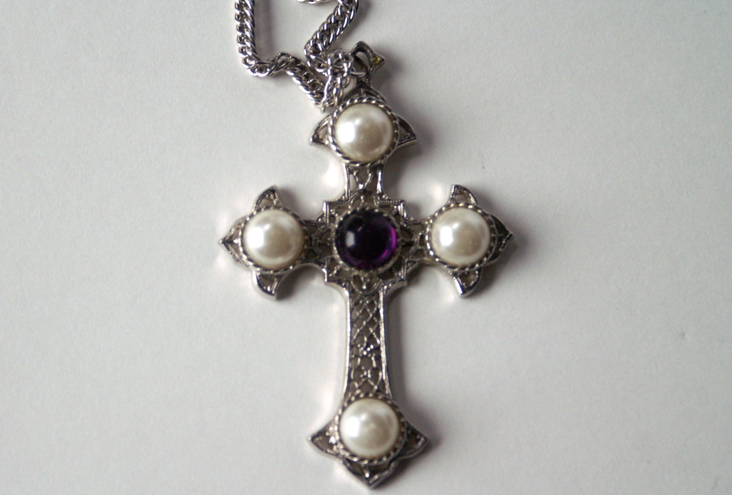 Vintage Cross Necklace Sarah Coventry Silvertone Filigree Large Pendant & Chain Faux Pearls and Amethyst Cachobons - Medieval/Gothic Look