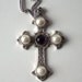 Vintage Cross Necklace Sarah Coventry Silvertone Filigree Large Pendant & Chain Faux Pearls and Amethyst Cachobons - Medieval/Gothic Look