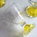 Vintage Cordial Glasses with Etched Rim and Yellow Pedestal Hobnail Base