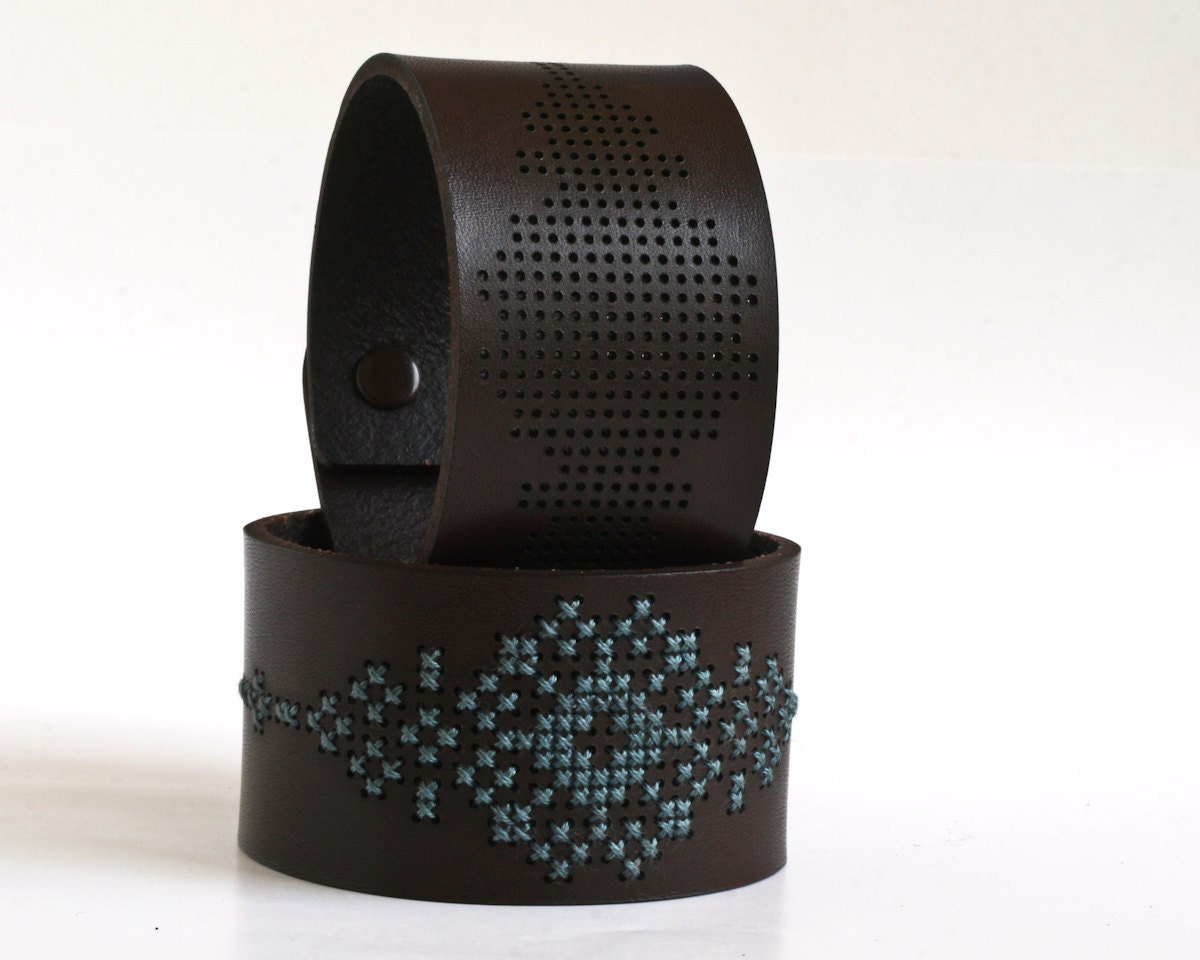 DIY Kit - Cross Stitched Leather Cuff, Dark Brown Leather with Abstract Flower Design