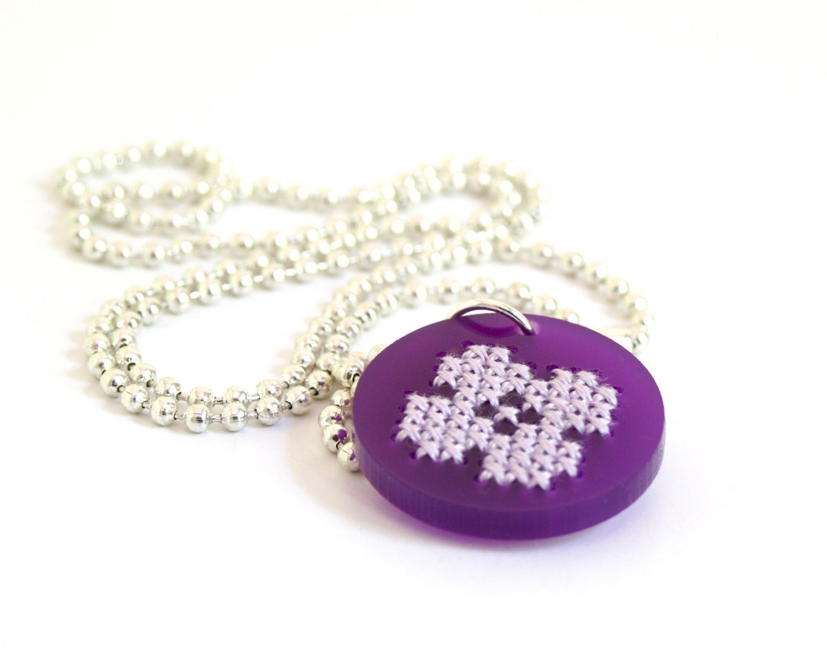 Cross Stitch Embroidered Necklace, Purple Flower Pendant