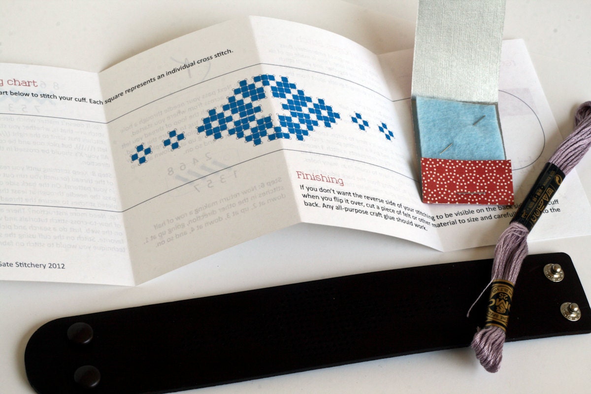 DIY Kit - Cross Stitched Leather Cuff, Dark Brown Leather with Abstract Flower Design