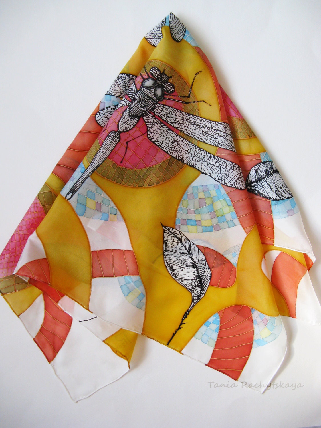 Unique Hand Painted Silk Scarf. Luxury Soft scarf. Dragonflies. Yellow Red Blue. Graphic scarf. Women Shawl. Handmade. 35'' x 35''