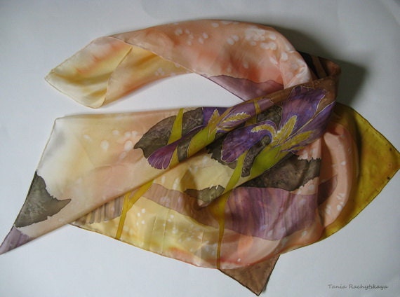 Unique Hand Painted Silk Scarf. IRISES. Lilac Yellow Grey Turquoise Purple .Women Shawl. Whimsical Scarf. Handmade Shawl. Ready to Ship.