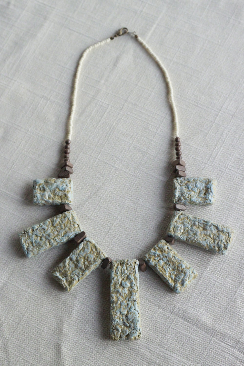 SALE The Devil's Towers tribal necklace- in pale blue and taupe with wooden beads, ivory seed beads