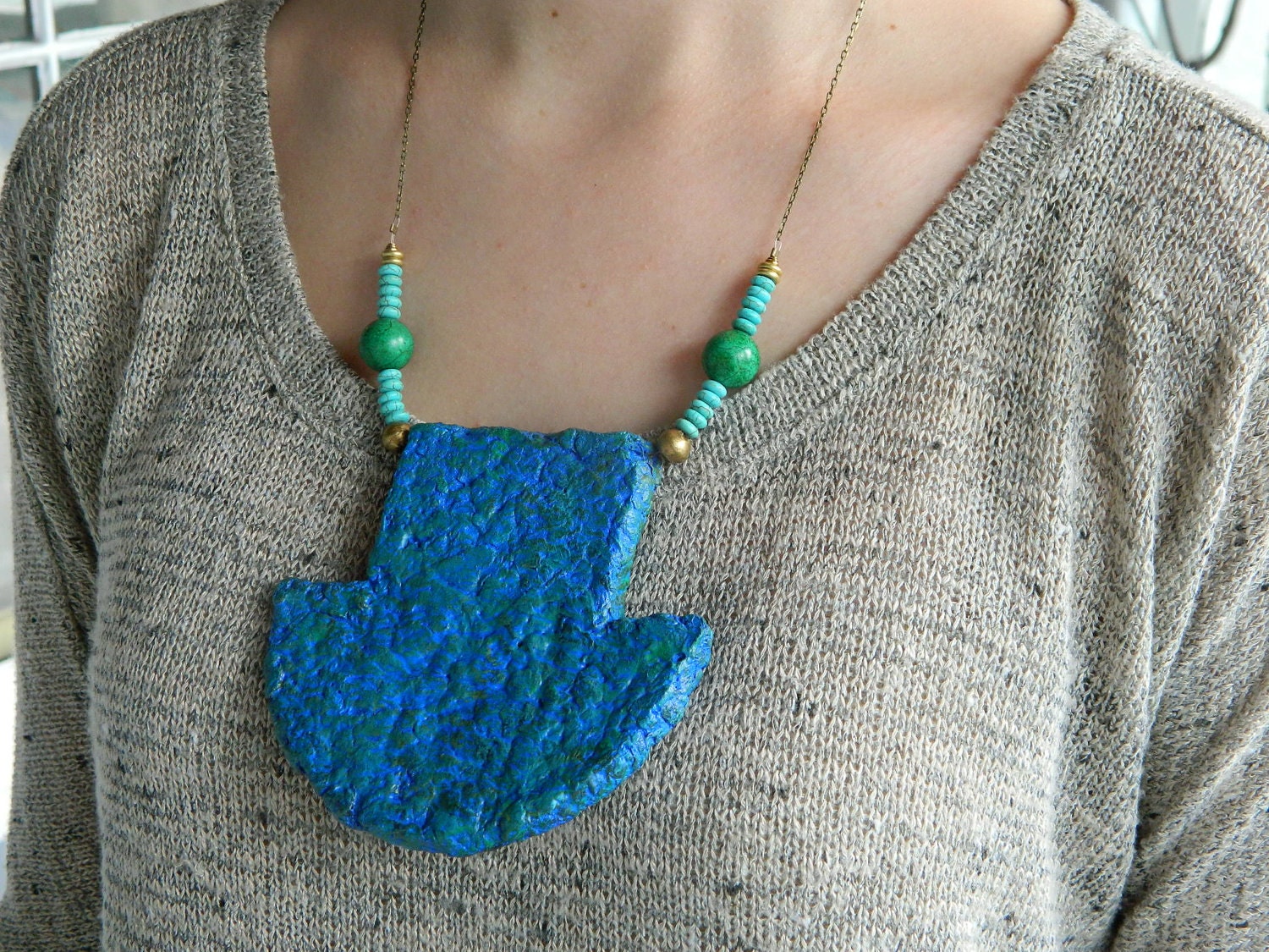 The  Shield necklace -Metamorphic series, marled blue and green