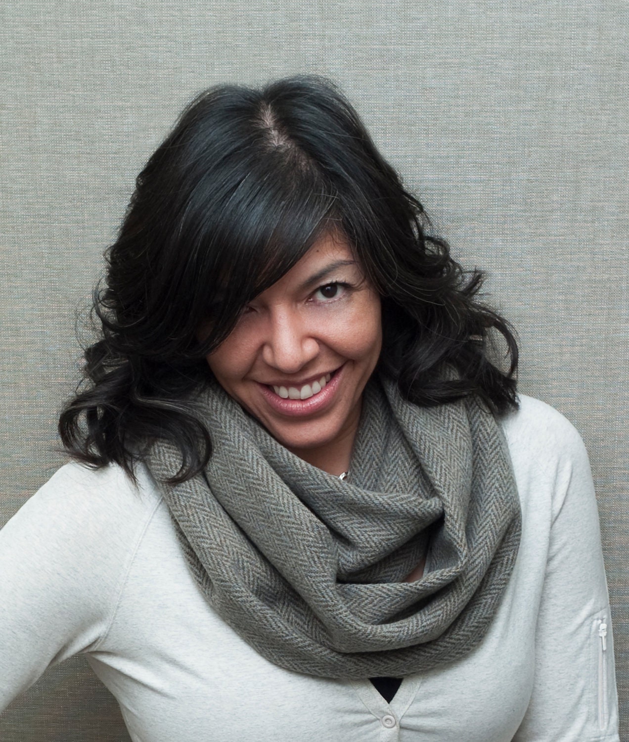 Green and beige herringbone wool/cashmere blend loop scarf