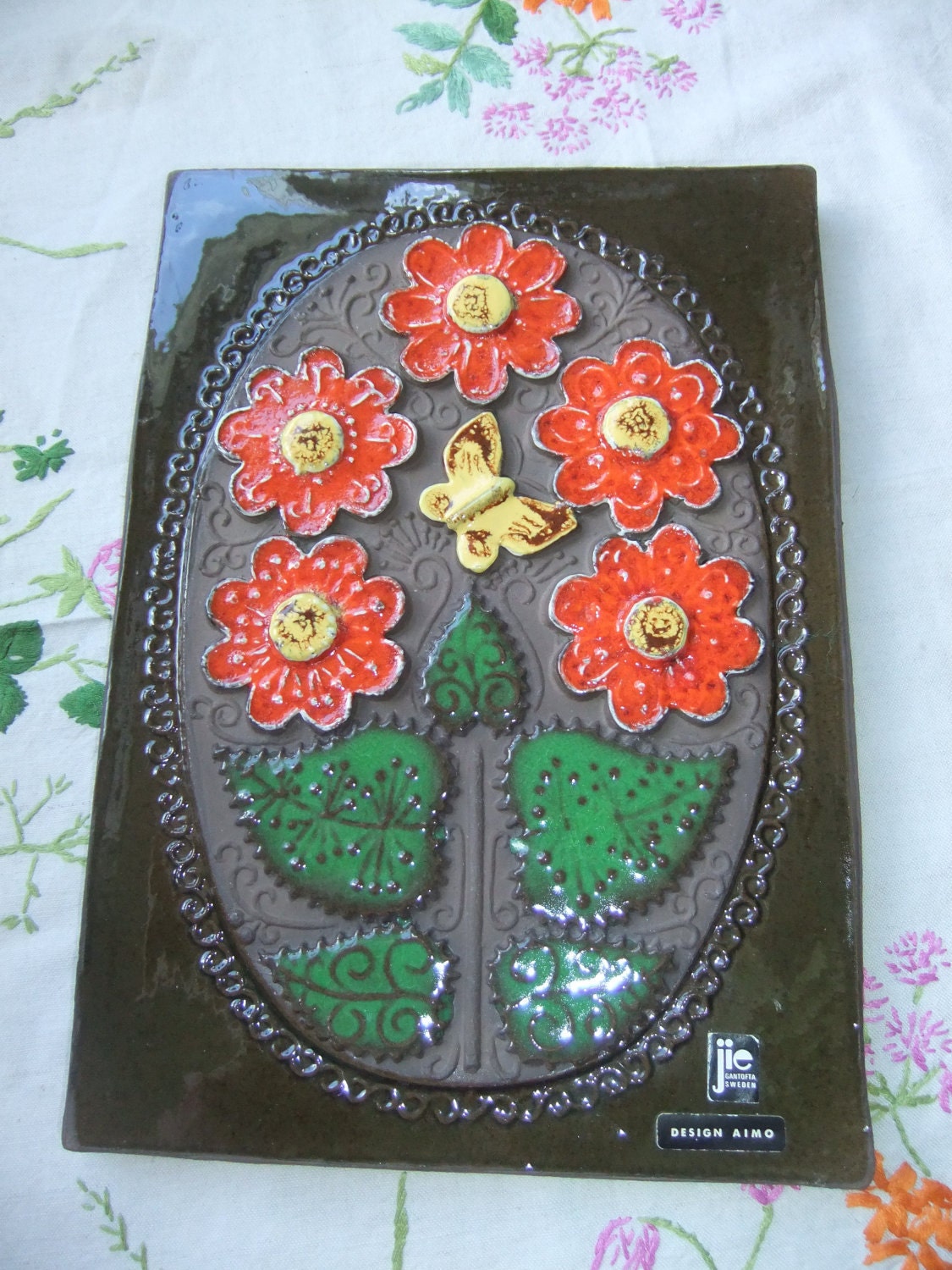 Vintage Swedish Ceramic plate flowers and butterfly by Jie Sweden