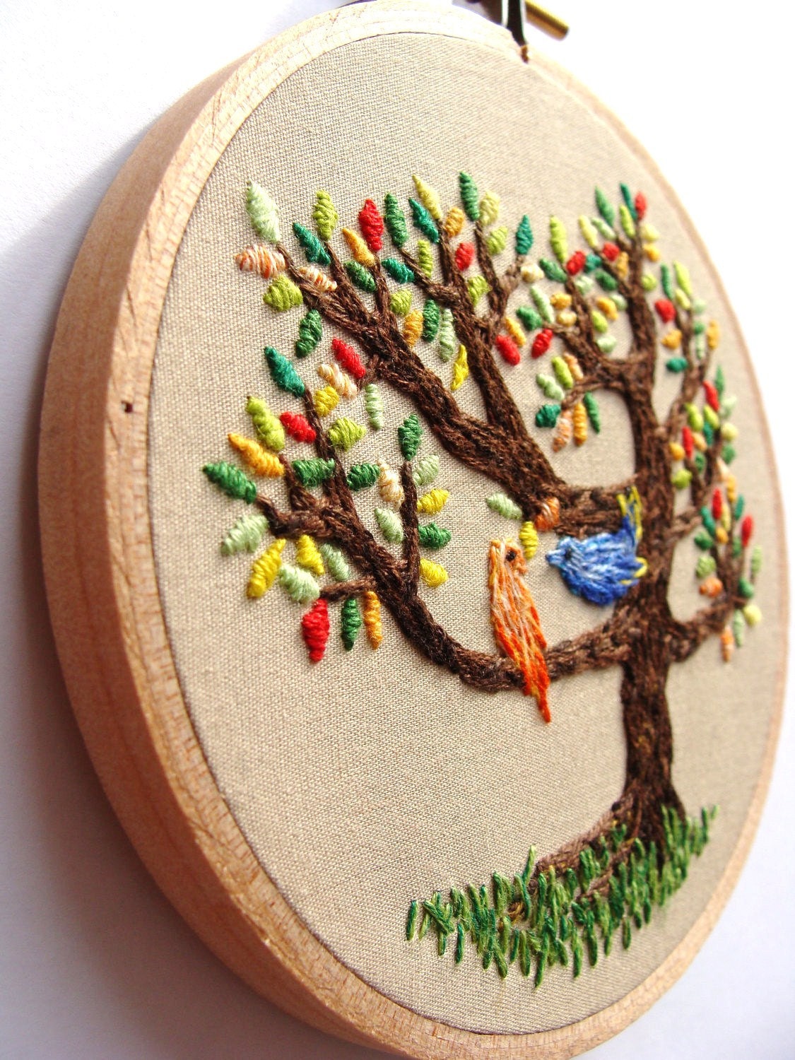 Hand Embroidered Wall Art - The birds on the tree, colorful home decor, love, birds, 4 inch hoop, kawaii, custom work available