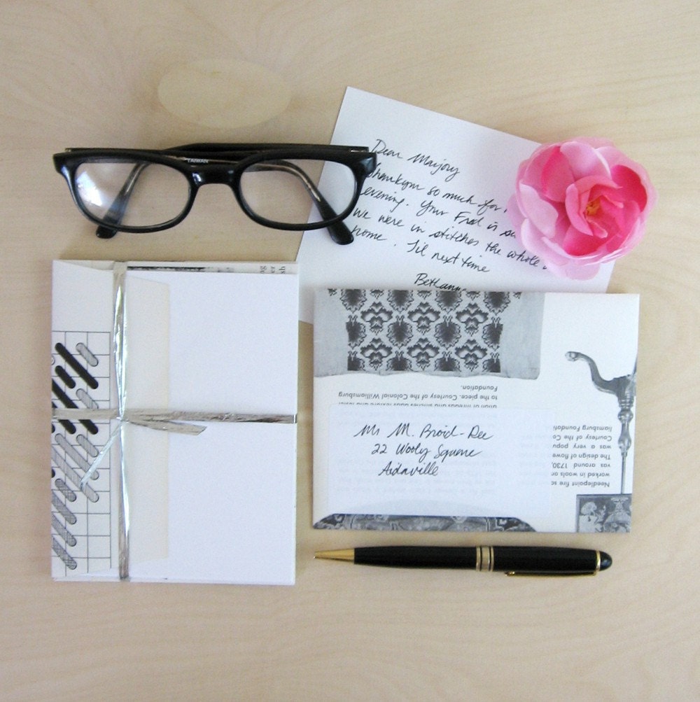 Needlepoint Stationery Set of 5 - Recycled Book Paper Envelopes with Labels & Flat Note Cards A2 Size - Black and White
