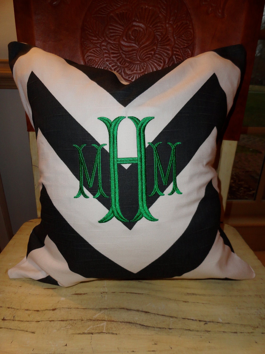 Custom Monogrammed Charcoal and White Chevron Pillow Cover