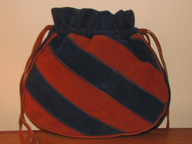 DIAGONAL Stripe Velour DRAWSTRING Purse // Tote 60's 70's VEGAN Hipster Boho Chic Blue Orange Handmade