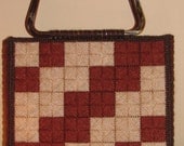 Vintage 3D Knit Bag // PURSE Tote Brown COLORBLOCK 70's 80's Bakelite HANDMADE Box Square Checkered