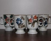 Vintage 70's HAND PAINTED Coffee Cups // Brown Speckled Ceramic Set of 4 Flower MUGS