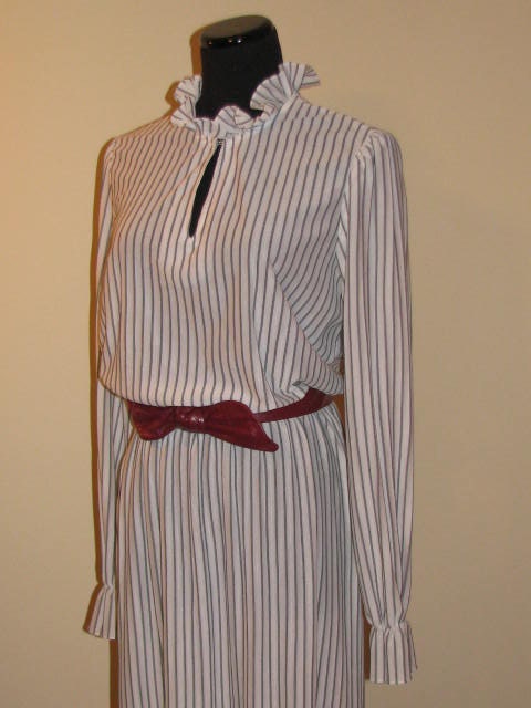 Vintage Black and WHITE Railroad Striped Dress // 70's 80's Shirtwaisted Size S/M FRILLY Ruffles Seethrough